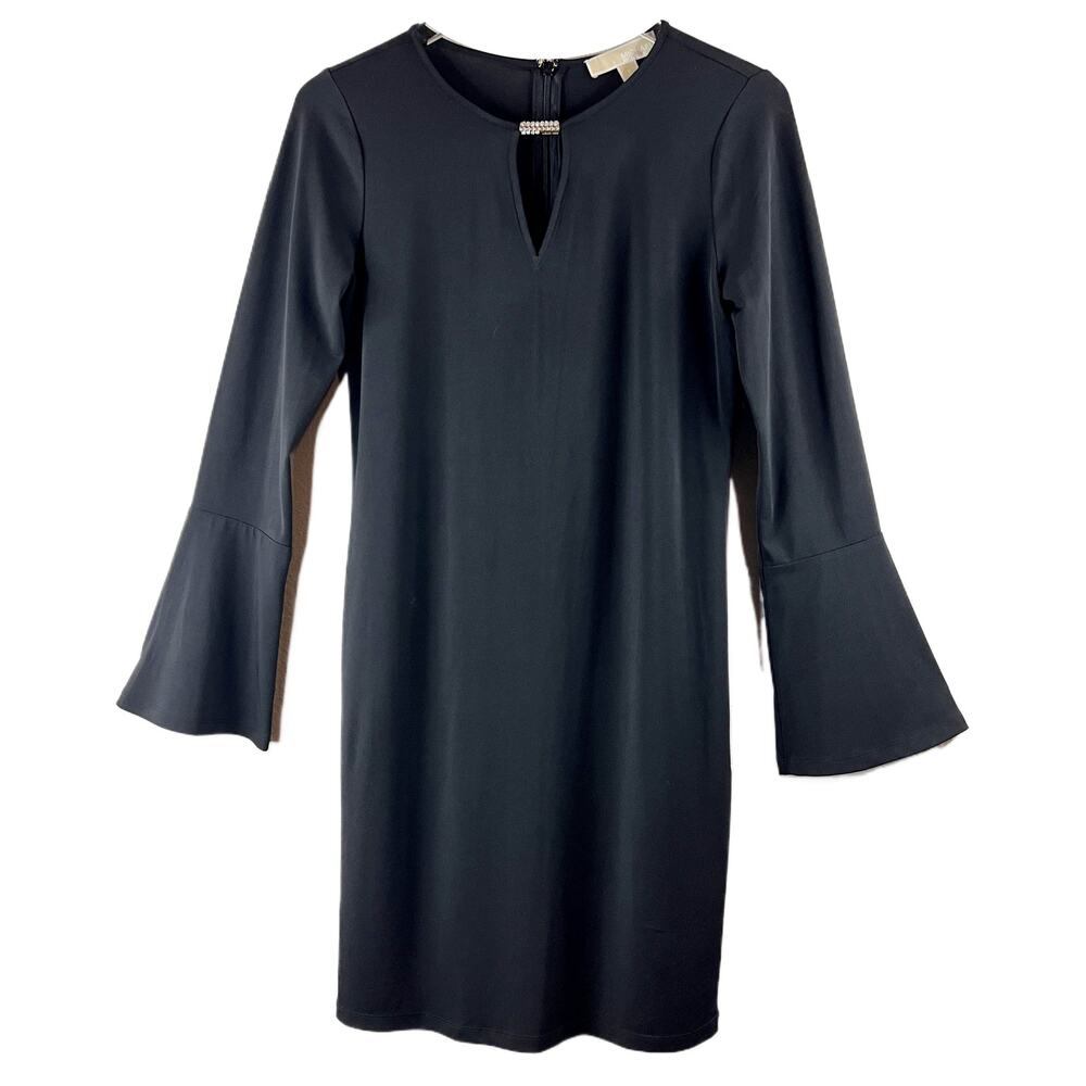 Michael Kors Rhinestone Keyhole Neck Long‎ Bell Sleeve Black Dress Size S